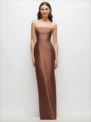 Cocoa brown strapless satin column dress with straight neckline and smooth bodice