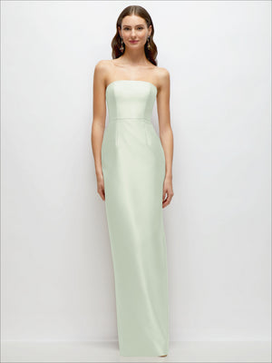 Pale mint strapless satin column dress with fitted waist and long straight hem