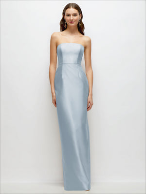 Light blue strapless satin column dress with fitted bodice and back slit