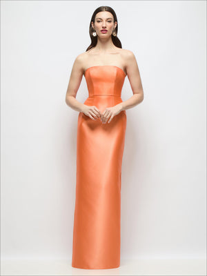 Coral-orange strapless satin column dress with straight neckline