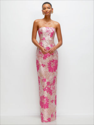 Strapless floral jacquard column dress, pink hibiscus blooms on light base