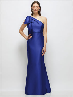 Royal blue one-shoulder satin maxi dress with bow at shoulder and trumpet skirt
