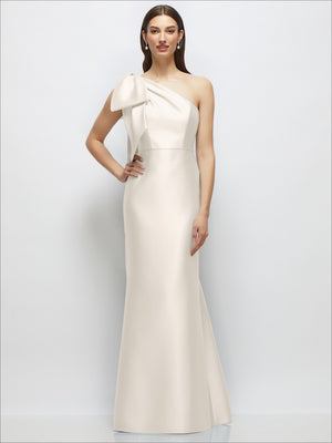 Ivory one-shoulder satin maxi dress with bow drape and trumpet skirt