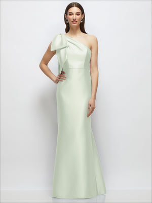 Mint green one-shoulder satin maxi dress with bow detail and trumpet skirt