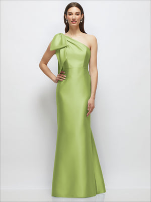 Lime green satin one-shoulder maxi dress with draped bow and long trumpet skirt