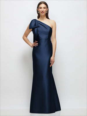 Dark blue one-shoulder satin maxi dress with draped shoulder bow detail
