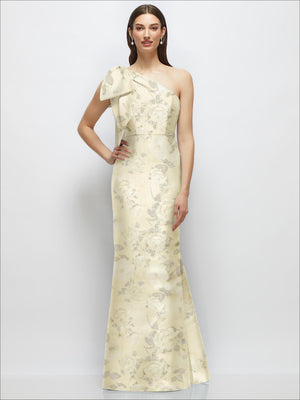 Cream satin one-shoulder maxi dress with delicate floral print and trumpet hem