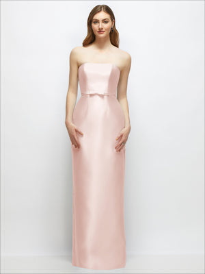 Strapless satin column dress with skinny belt and bow trim, light pink