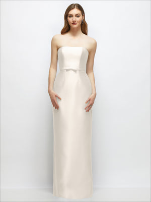 Ivory strapless satin column dress with skinny belt and bow trim, front view
