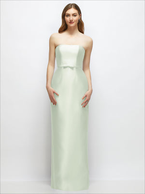 Mint green strapless satin column dress with bow-trimmed skinny belt