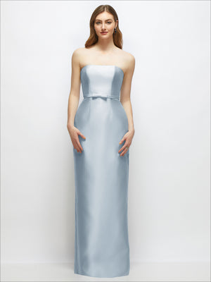 Powder blue strapless satin column dress with skinny belt and bow-trim detail, front