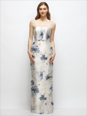 White and light blue floral strapless satin column dress, front view