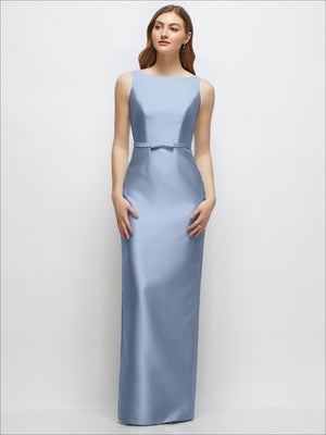 Light blue satin column dress front view, bateau neck, sleeveless, skinny bow-trimmed belt
