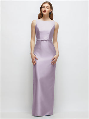 Lavender satin column dress with bateau neckline and skinny belt with bow trim