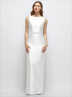 Ivory satin column dress with fitted bodice and skinny belt at waistline