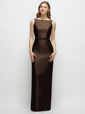 Brown satin column dress with bateau neckline and bow-trimmed skinny belt
