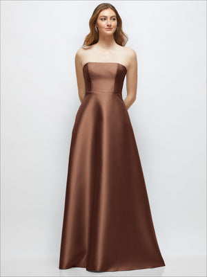 Chocolate strapless satin gown with fitted bodice and full A-line skirt