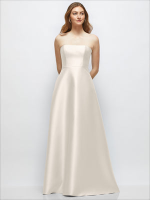 Ivory strapless satin gown with full skirt and straight neckline