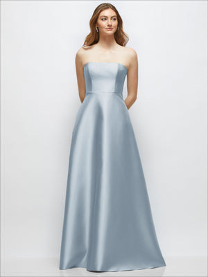 Light blue strapless satin gown, front view, structured bodice and full A-line skirt