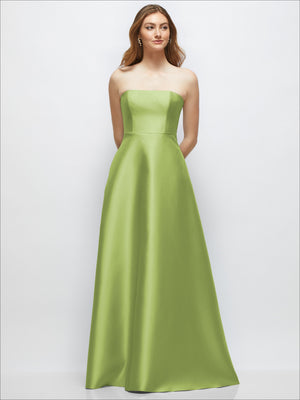 Lime green strapless satin gown with structured bodice and full A-line skirt