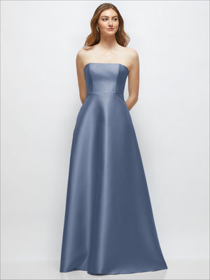 Blue strapless satin gown with fitted bodice and full A-line skirt