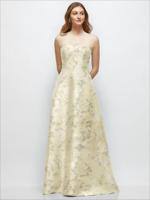 Pale yellow strapless satin floral gown with full skirt and fitted bodice