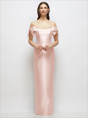 Blush satin column maxi dress with off-the-shoulder bow accents at the sleeves