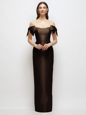 Black satin column maxi dress with off-the-shoulder bow straps