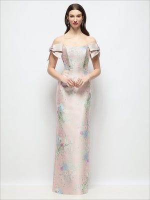 Off-shoulder floral satin column maxi dress with bow straps, pastel pink and green