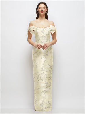 Floral satin maxi dress with off-the-shoulder neckline and bow sleeves, pale cream.