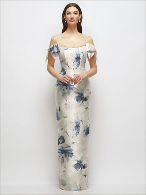 Ivory satin column maxi dress with blue floral print and off-shoulder neckline