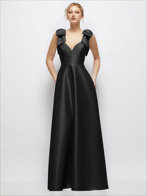 Black satin ball gown with deep V-neck and shoulder bow details, front view.