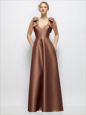 Brown satin ball gown with deep V-neck and shoulder bow details