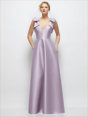Lavender satin ball gown with deep V-neckline and shoulder bows, sleeveless full skirt.