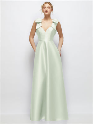 Satin ball gown with deep V-neck and shoulder bows, mint green