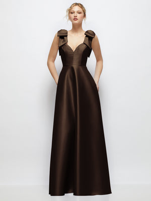Brown satin ball gown with deep V-neck and oversized shoulder bows