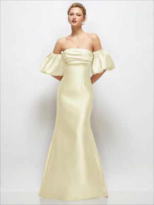 Ivory off-shoulder satin maxi dress with short puff sleeves and long fitted skirt