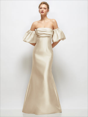 Off-shoulder satin maxi dress with puff sleeves and fitted bodice, champagne color