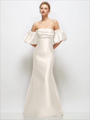 Ivory satin off-shoulder maxi dress with puff sleeves and flared skirt