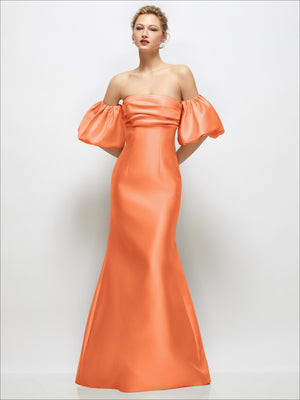 Peach orange satin off-shoulder maxi dress with puff sleeves and flared skirt.