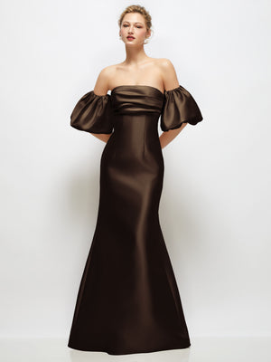 Off-shoulder dark brown satin maxi dress with puff sleeves and flared skirt
