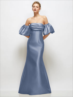 Blue off-shoulder satin maxi dress with puff sleeves and softly flared skirt
