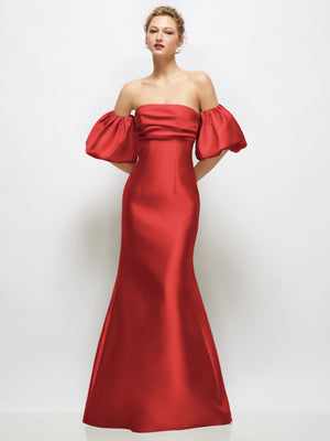 Red off-shoulder satin maxi dress with puff sleeves and long flared skirt