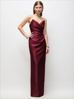 Burgundy satin column maxi dress, strapless asymmetrical draped bodice