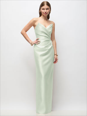 Mint satin strapless column maxi dress with asymmetrical draped bodice and V neckline