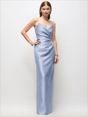 Light blue satin strapless column maxi dress with asymmetrical draped bodice and V neckline