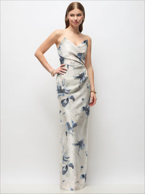 Off-white strapless satin maxi dress with asymmetrical draped bodice and blue floral print