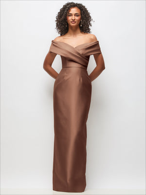 Rose satin off-the-shoulder draped wrap column maxi dress with seam detail.