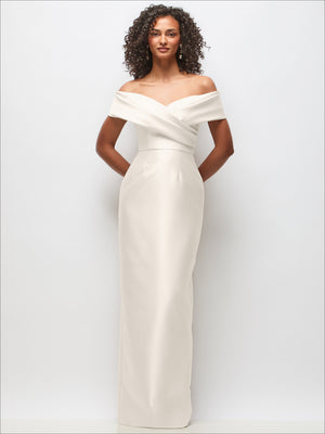 Ivory satin off-the-shoulder draped wrap maxi dress with smooth column silhouette.