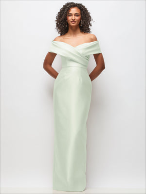 Mint green satin off-shoulder draped wrap maxi dress with column silhouette
